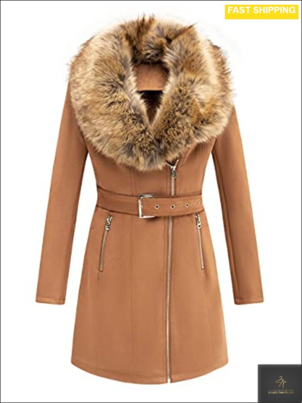 Faux Suede Fleece Lined Trench Coat | Detachable Faux Fur Collar Belted